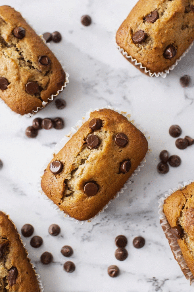 Freshly baked banana bread mini loaves topped with chocolate chips on marble background