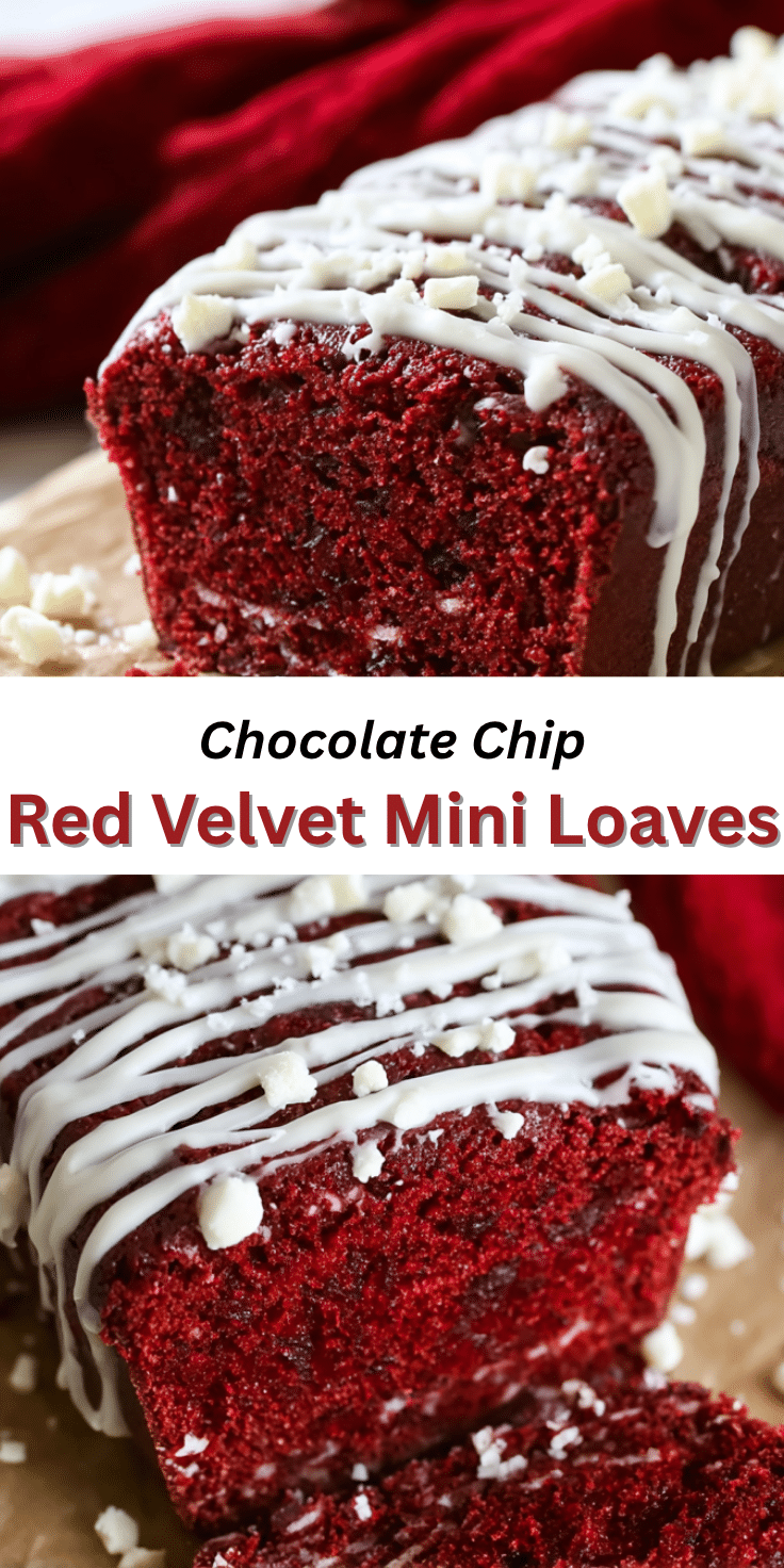 Chocolate chip red velvet mini loaf topped with white glaze and festive sprinkles, sliced to reveal moist crimson crumb.