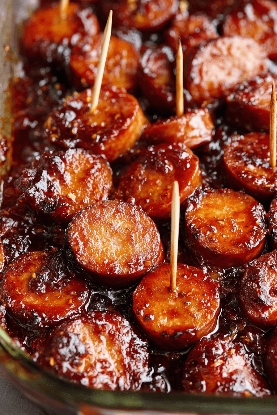 Close-up of glossy BBQ sausage bites coated in sticky barbecue glaze, served with toothpicks in a baking dish.