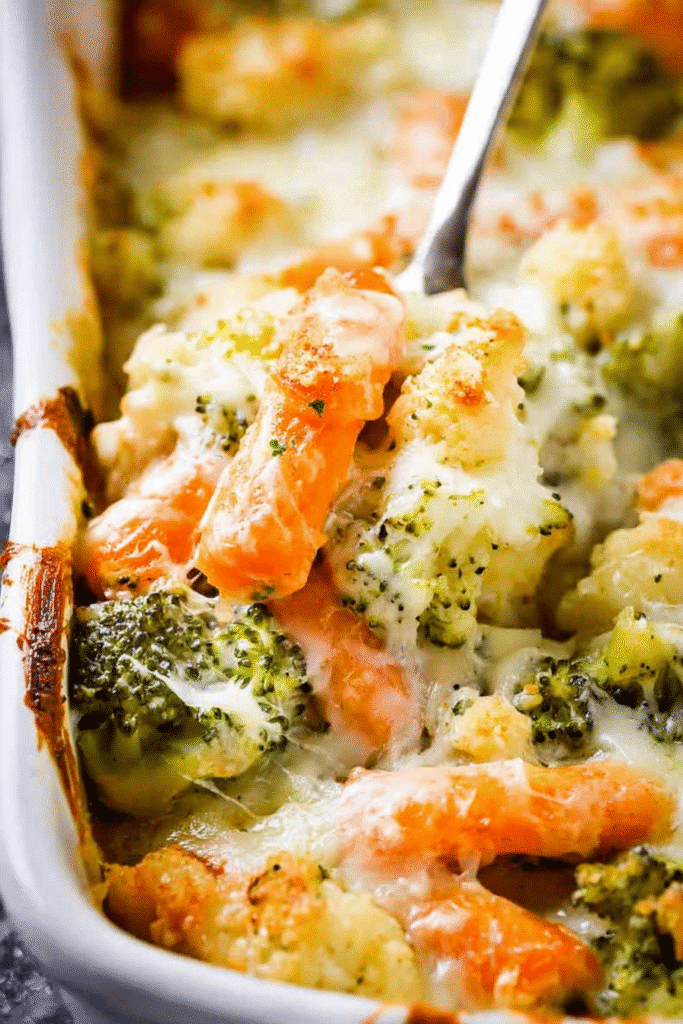 Close-up of a cheesy vegetable casserole with baby carrots, broccoli, and cauliflower in a white baking dish