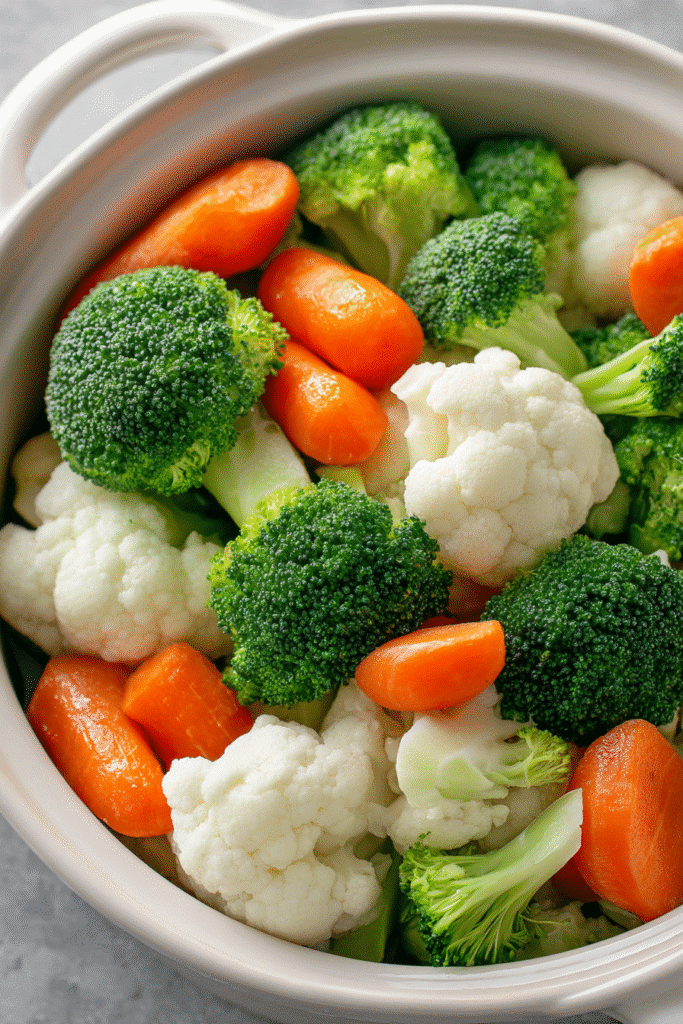 top view of fresh broccoli, cauliflower, and baby carrots in a white cooking pot