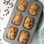 Golden chocolate chip banana bread mini loaves baked in pan