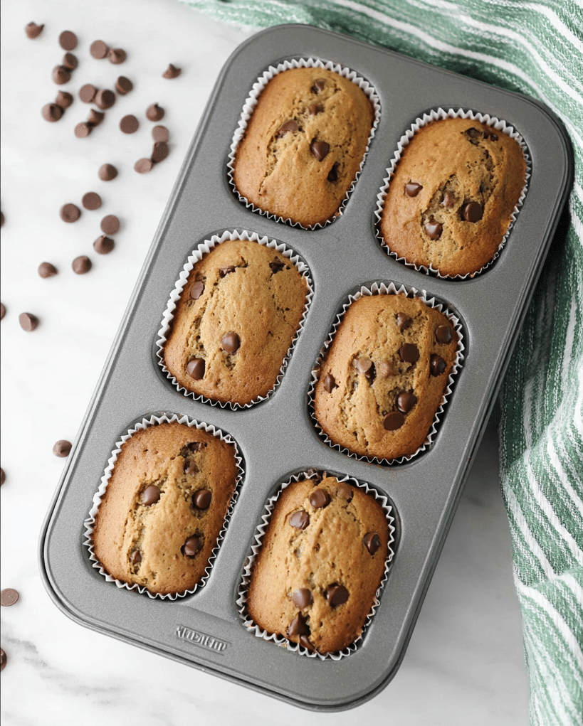 Golden chocolate chip banana bread mini loaves baked in pan