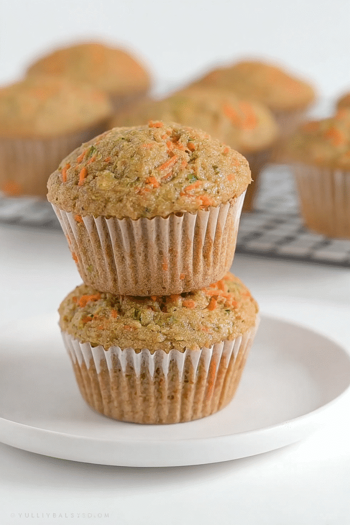 Stacked zucchini carrot oatmeal muffins with golden tops and visible vegetable specks on a white plate.
