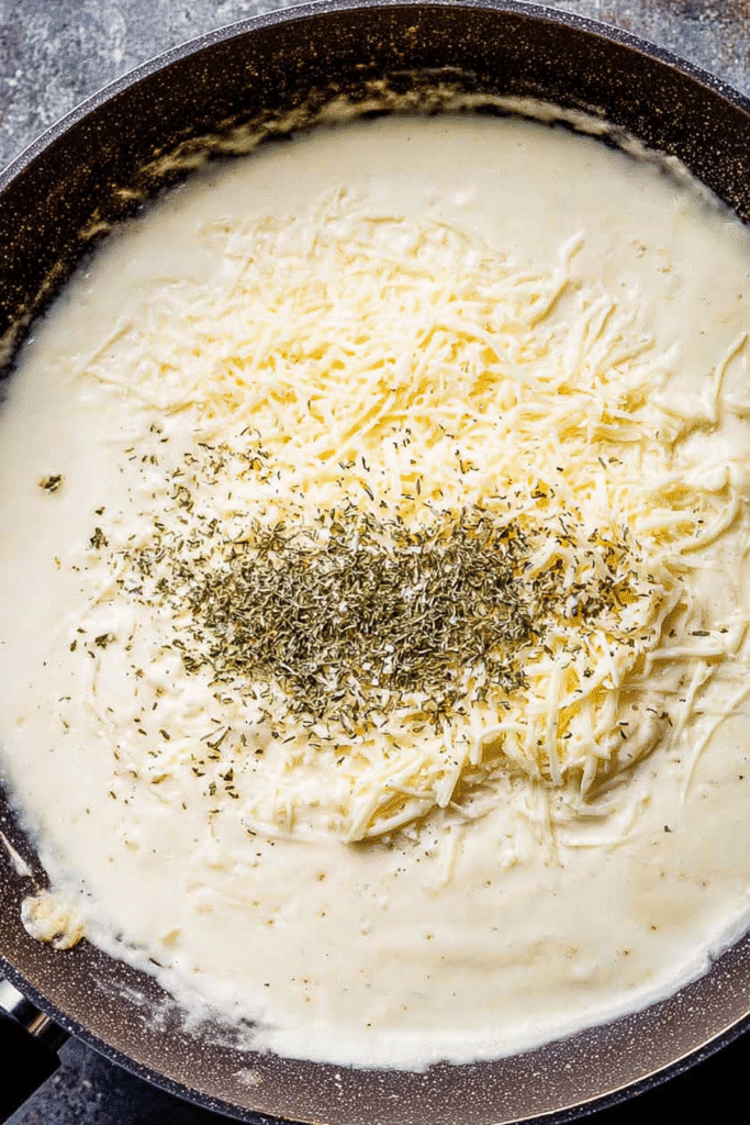 A skillet filled with creamy cheese sauce topped with shredded cheese and herbs