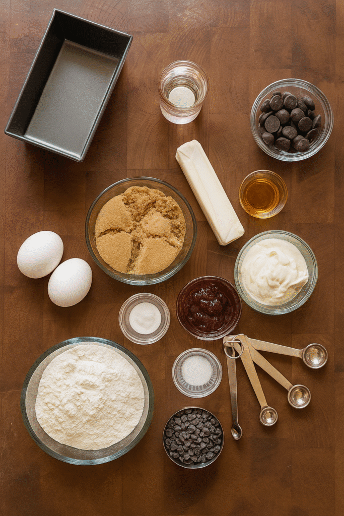 Flat-lay of red velvet mini loaf ingredients including flour, sugar, eggs, chocolate chips, butter, and baking tools on a rustic wooden surface.