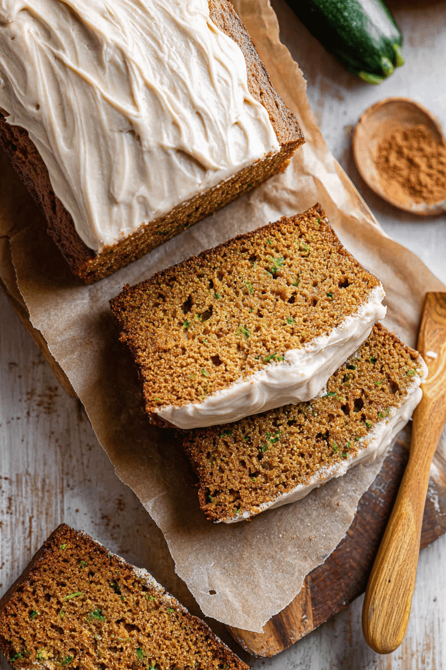 Sliced pumpkin zucchini bread with cream cheese frosting on parchment paper, topped with cinnamon and surrounded by warm fall spices.