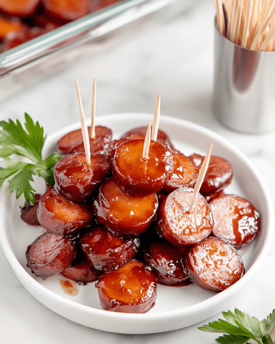 BBQ sausage bites served on a white plate with toothpicks, glazed in sticky barbecue sauce.