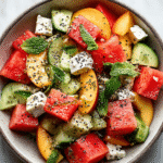 Close-up of peach watermelon salad with cucumber, feta, mint, and chia seeds in a ceramic bowl on marble background