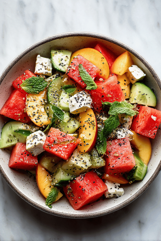 Close-up of peach watermelon salad with cucumber, feta, mint, and chia seeds in a ceramic bowl on marble background