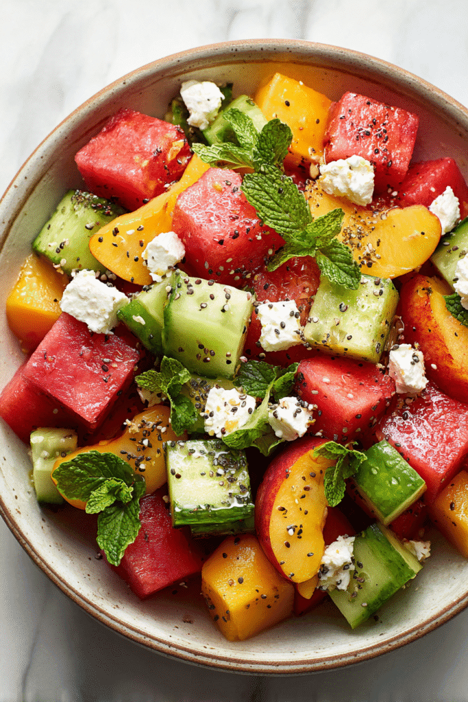Close-up of peach watermelon salad with cucumber, feta, mint, and chia seeds in a ceramic bowl on marble background