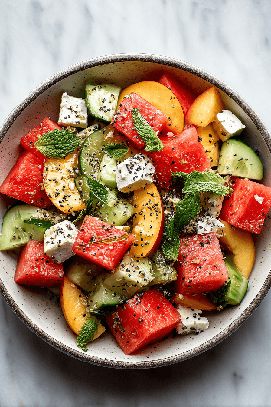 Close-up of peach watermelon salad with cucumber, feta, mint, and chia seeds in a ceramic bowl on marble background