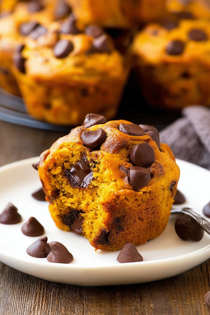 Moist pumpkin chocolate chip muffin with melty chocolate on a white plate, perfect for fall baking.