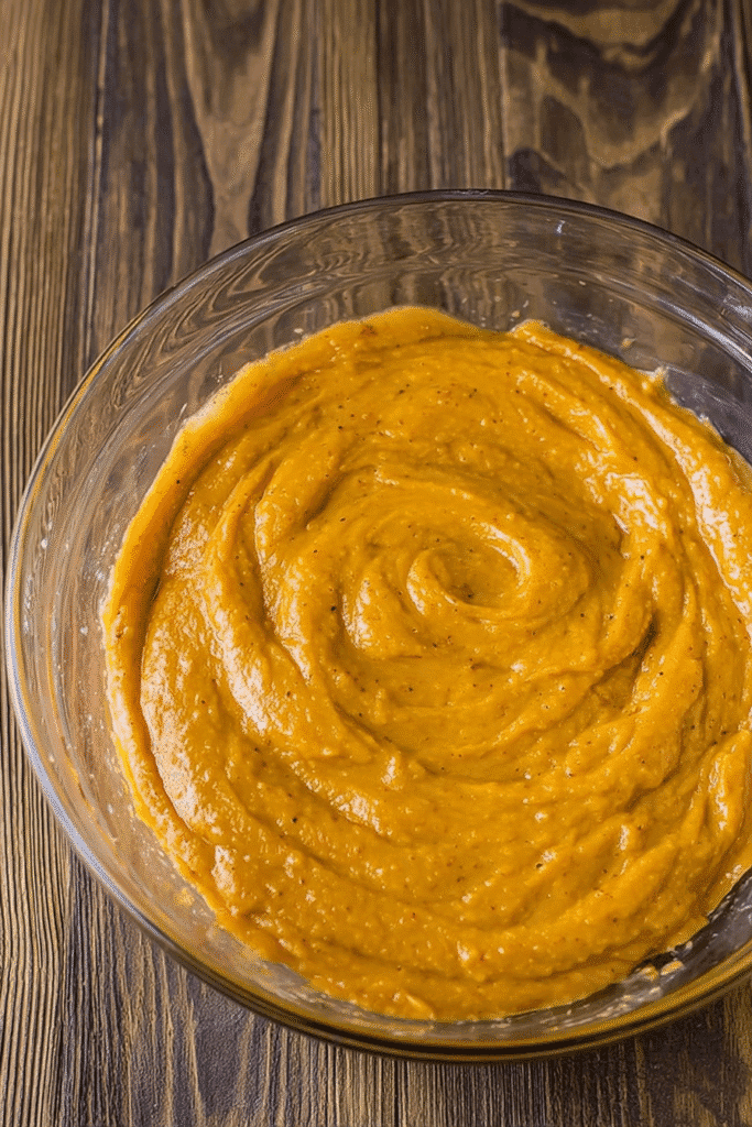 Smooth pumpkin muffin batter in a glass bowl on a rustic wood table, ready for baking.