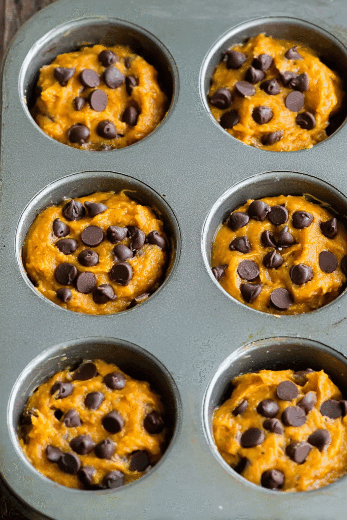 Unbaked pumpkin chocolate chip muffin batter in a metal muffin tin, ready for the oven.
