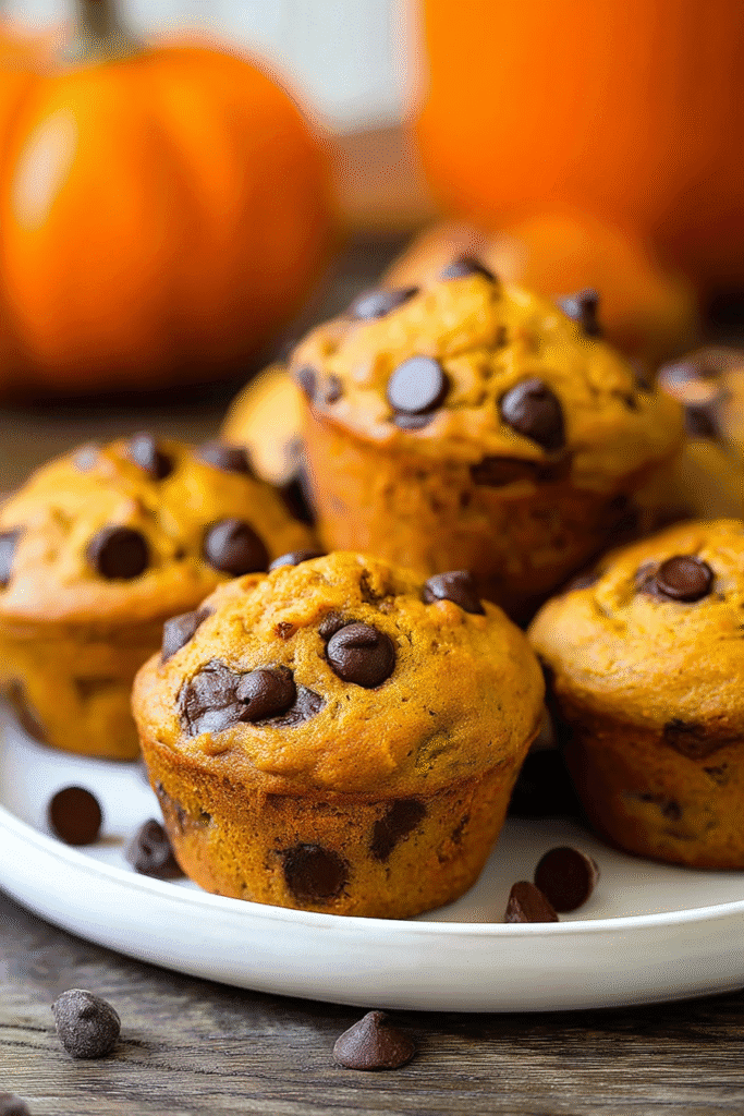 Freshly baked pumpkin chocolate chip muffins on a plate with pumpkins in the background.