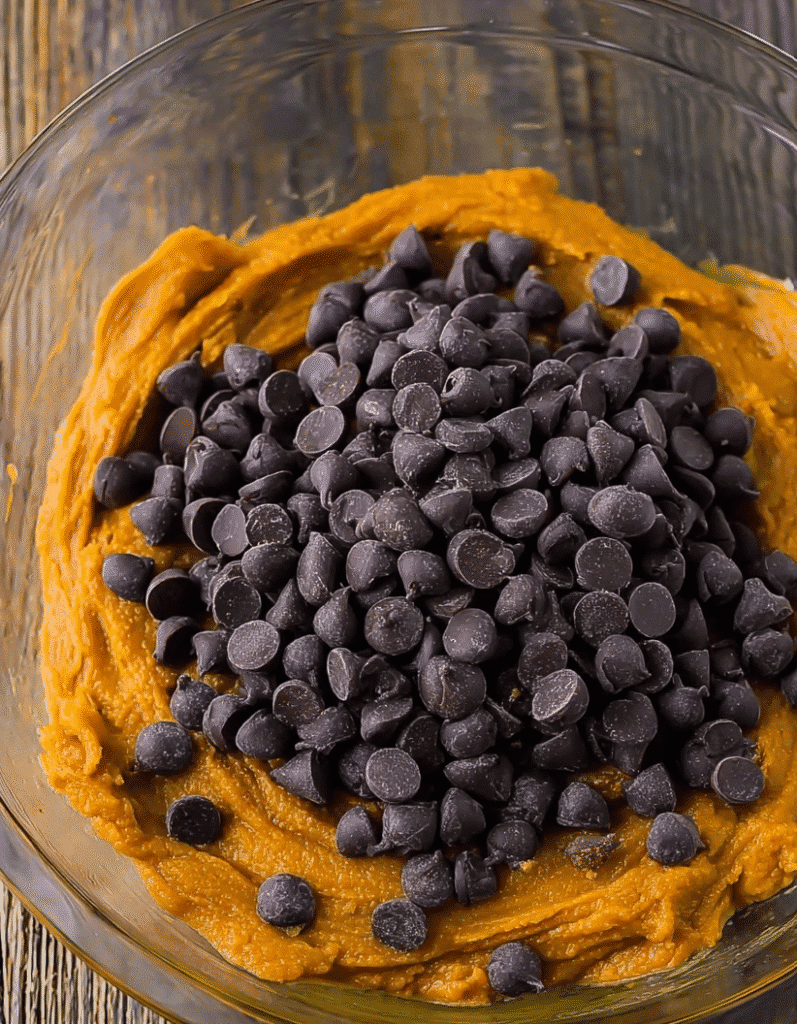 Pumpkin muffin batter topped with chocolate chips in a clear glass bowl, ready to mix.