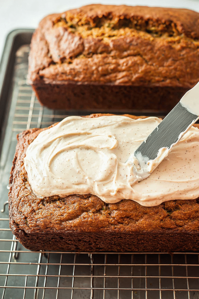 Spreading cinnamon cream cheese frosting on a freshly baked loaf of pumpkin zucchini bread on a cooling rack