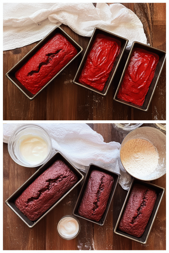 Side-by-side collage showing red velvet mini loaves before baking with glossy red batter and after baking with cracked, risen tops.