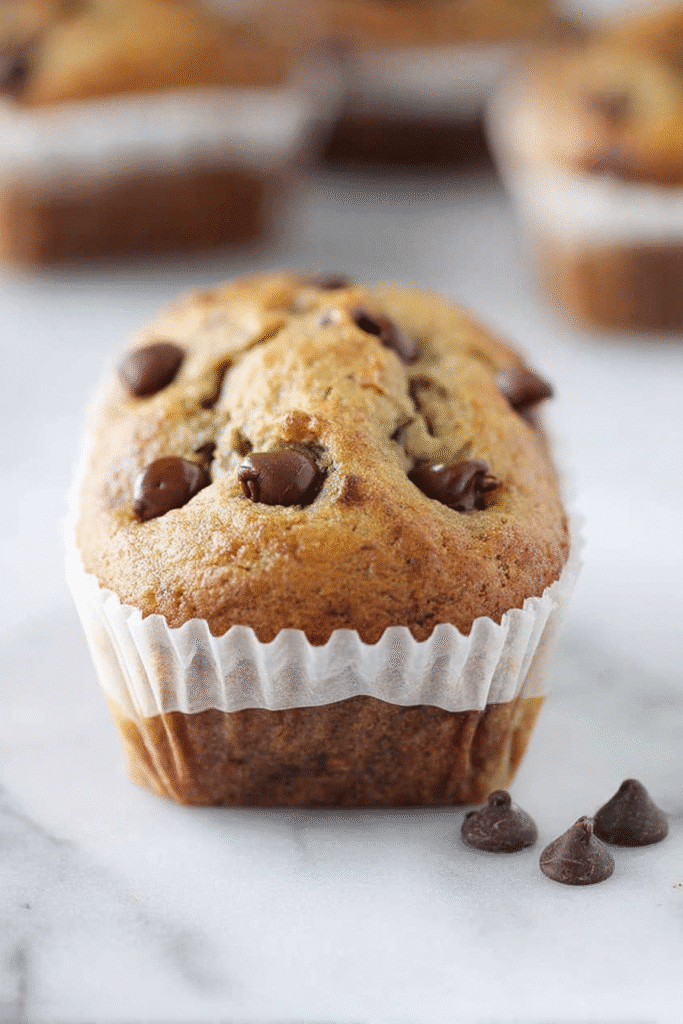 Close-up of a chocolate chip banana bread mini loaf in parchment liner on marble