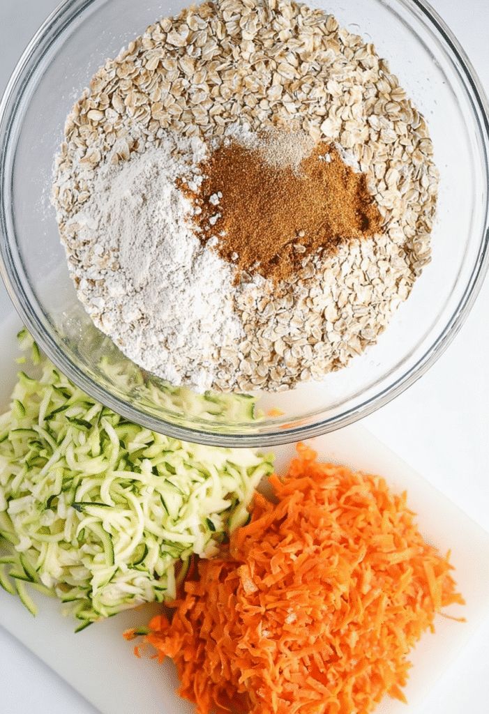 Dry ingredients in a bowl next to grated zucchini and carrots for healthy muffin preparation.