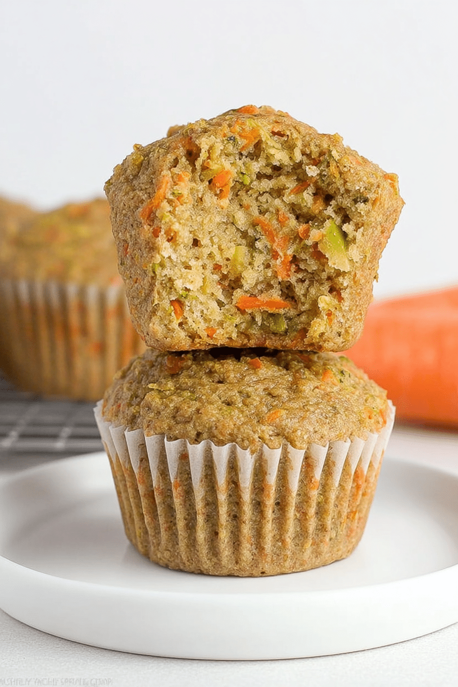 Moist zucchini carrot oatmeal muffin stacked and sliced to reveal soft, fluffy interior with colorful veggie flecks.