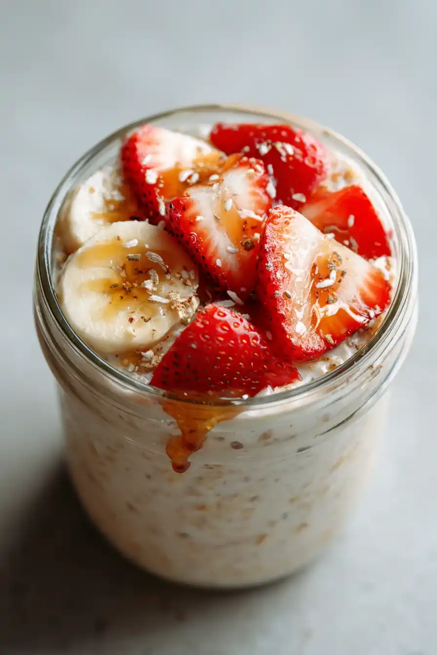 Easy overnight oats in mason jar with fresh fruit and maple drizzle