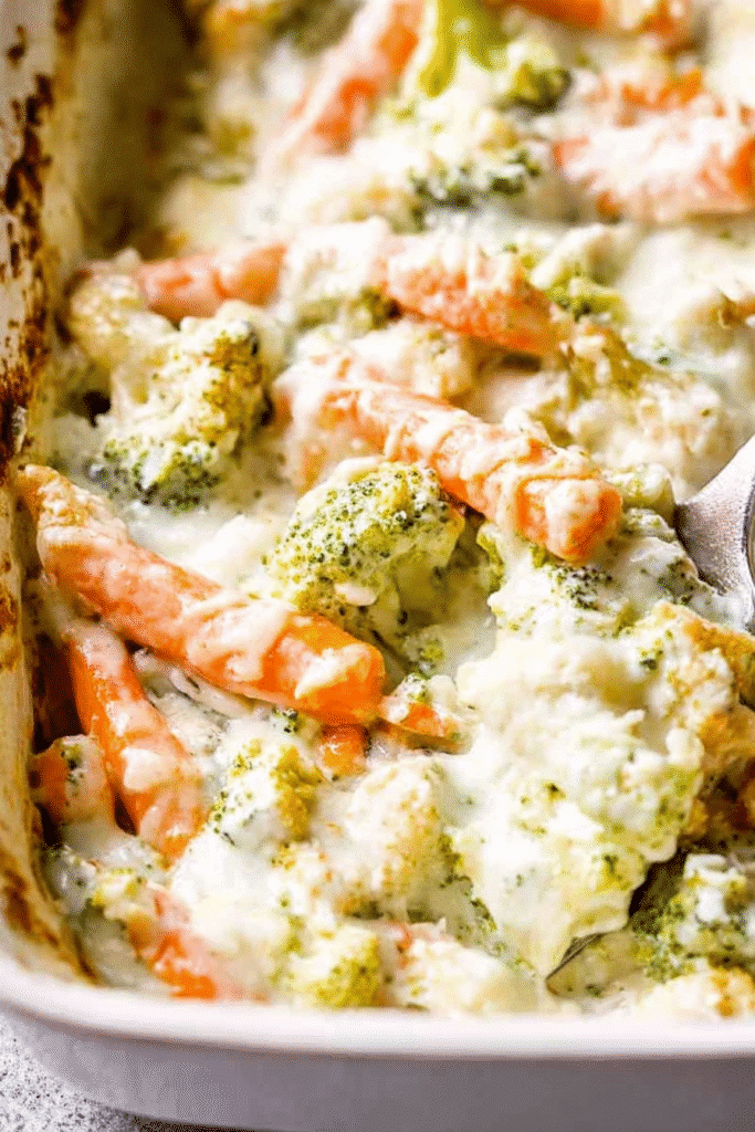 Top-down view of creamy baked vegetable casserole with broccoli, carrots, and cauliflower in a white dish