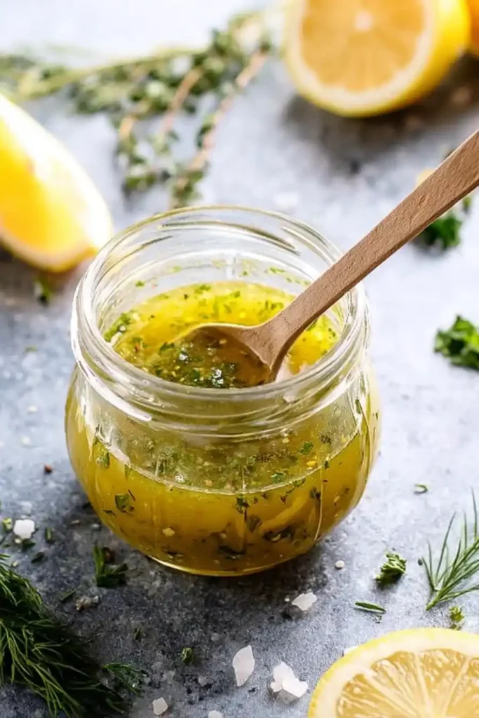 Herby Lemon Vinaigrette in glass jar with herbs and lemon