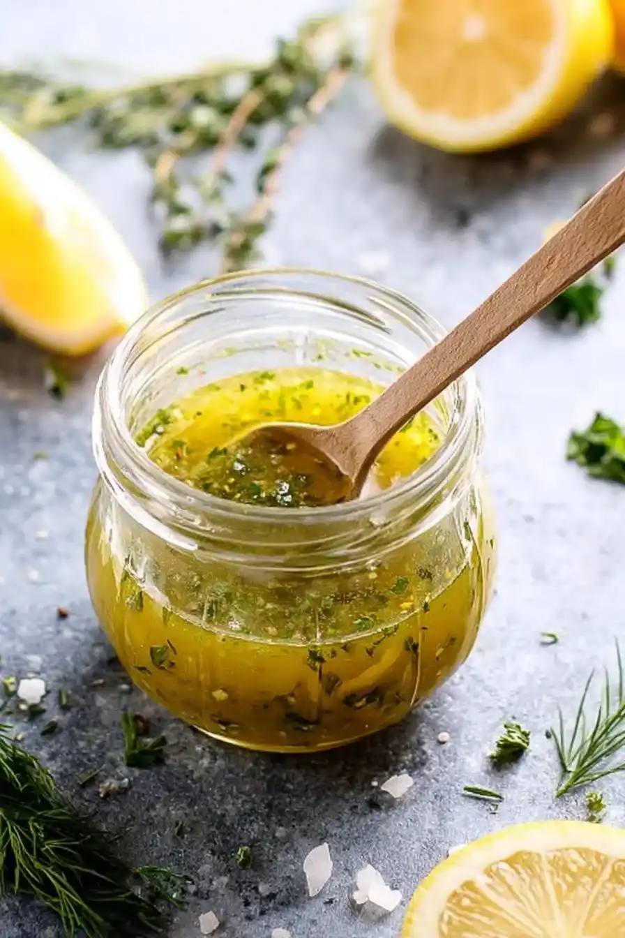 Herby Lemon Vinaigrette in glass jar with herbs and lemon