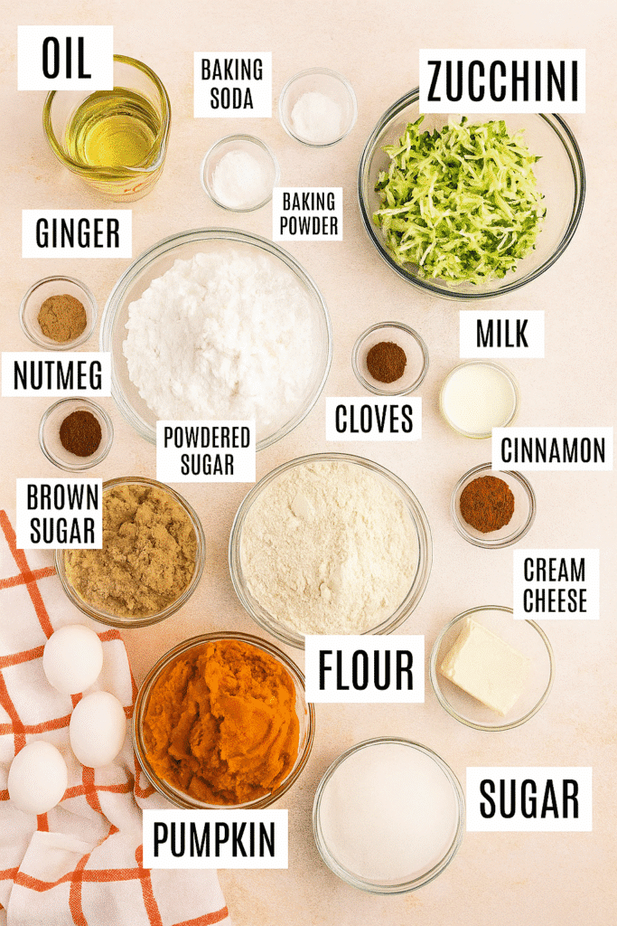 Labeled flat lay of ingredients for pumpkin zucchini bread including shredded zucchini, canned pumpkin, flour, brown sugar, eggs, spices, cream cheese, and oil