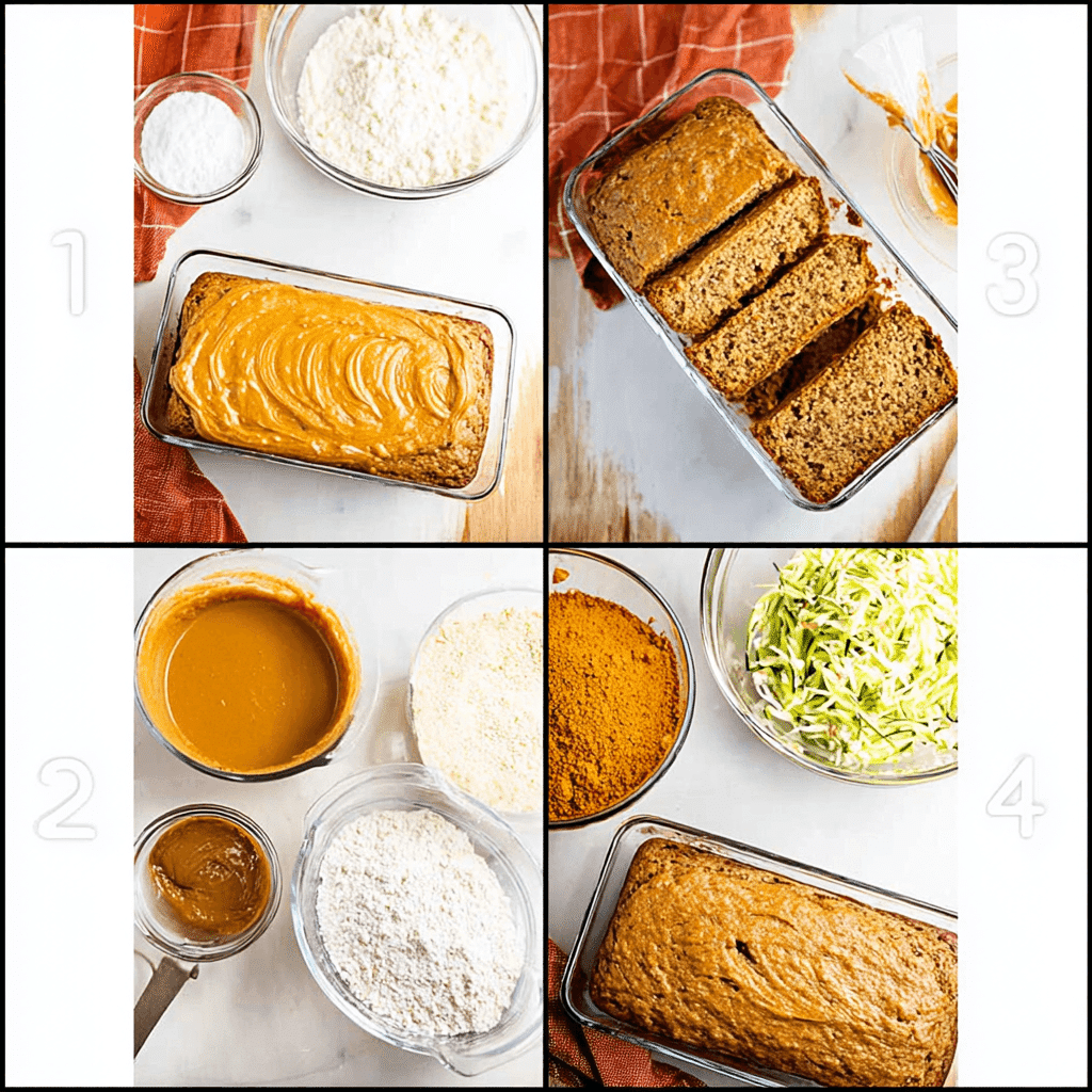 Step-by-step images showing how to make pumpkin zucchini bread from batter to baked loaf.