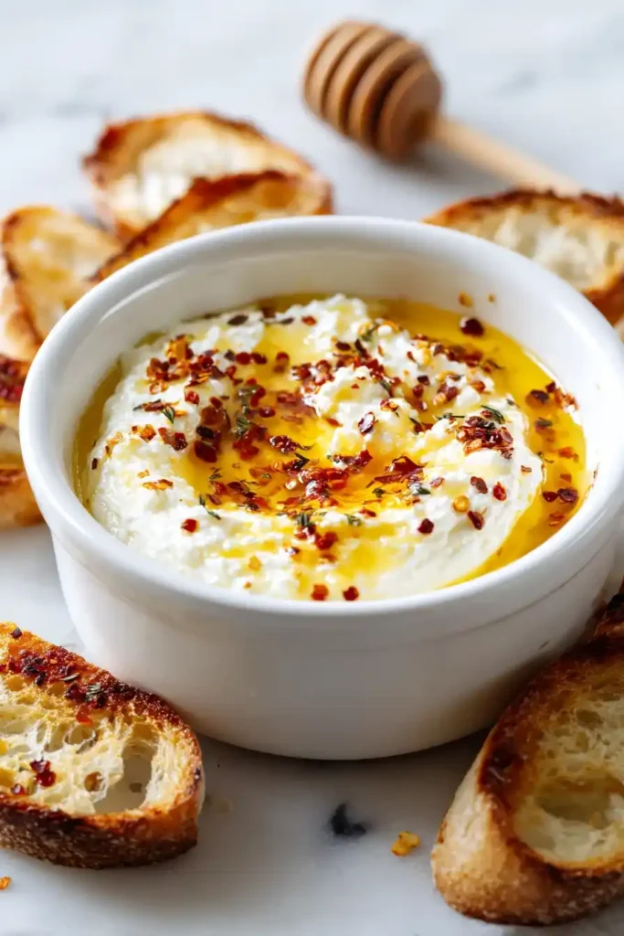 Ricotta dip with hot honey on white marble