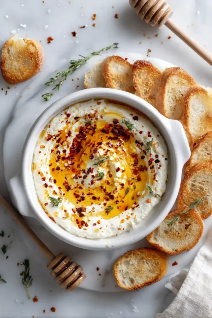 Ricotta dip with hot honey on white marble