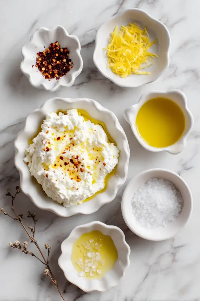 Ingredients for ricotta dip on marble