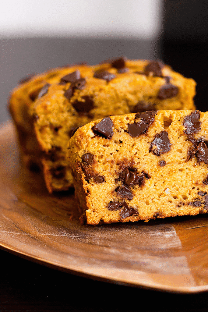 Pumpkin banana bread slices with gooey chocolate chips on a wooden plate