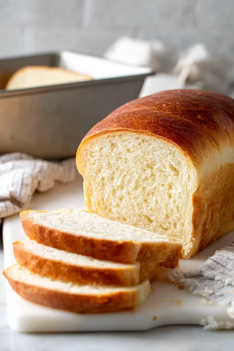 sliced sourdough sandwich bread on white board in clean kitchen