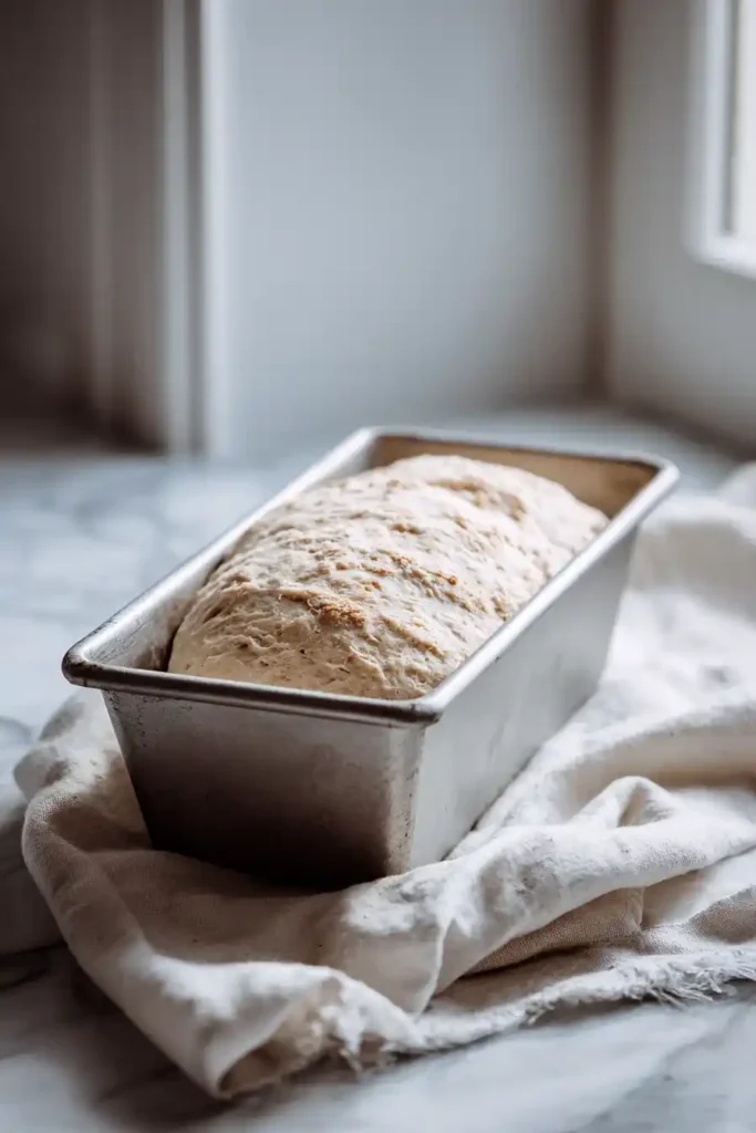 sourdough sandwich bread proofing in loaf pan