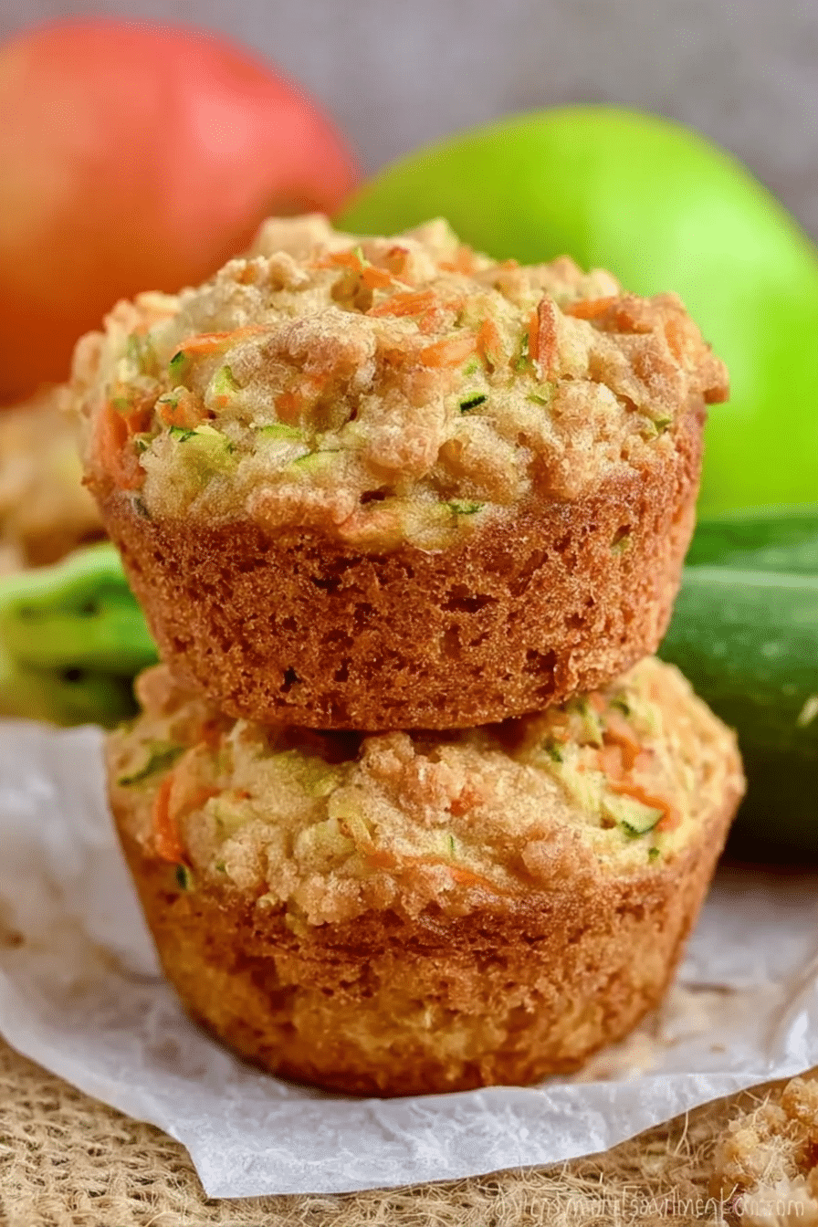 Two stacked zucchini carrot muffins with golden crust
