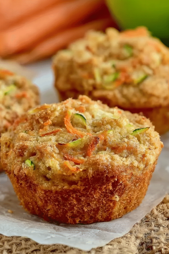 Zucchini carrot muffin with golden top and veggie shreds