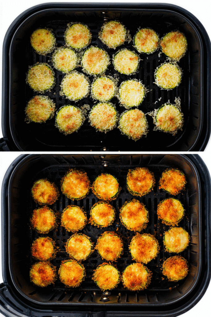 Before and after air frying zucchini slices with Parmesan coating in an air fryer basket.