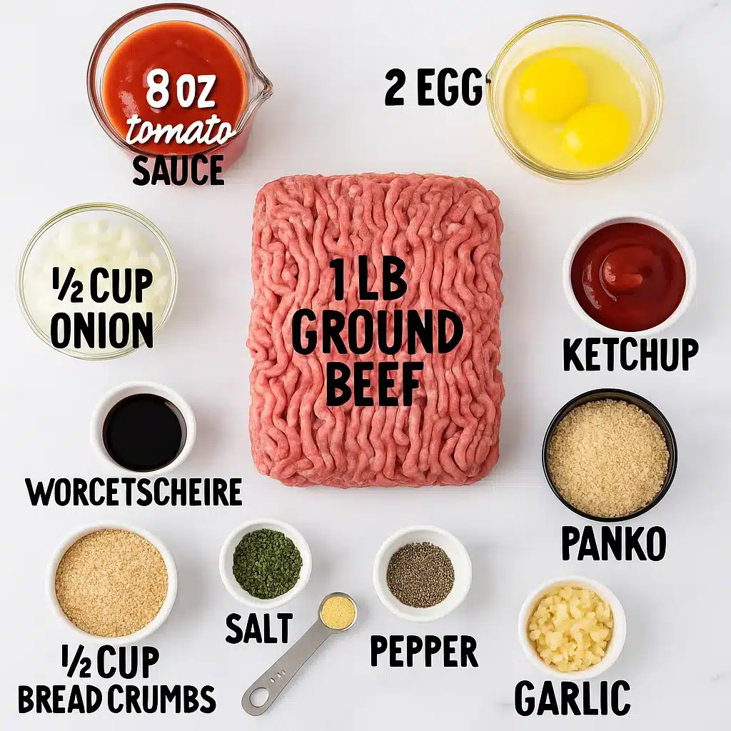 Flat lay photo of muffin pan meatloaf ingredients labeled with handwritten text on a white background