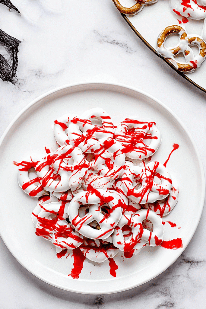 White chocolate Halloween pretzels with red drizzle styled like spooky blood splatter on a white plate.