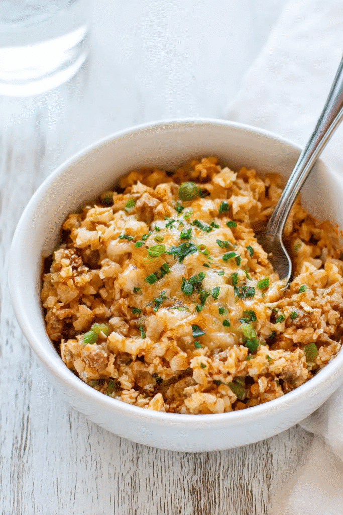 Served in a cozy white bowl, this sausage taco cauliflower rice skillet makes a comforting, low-carb dinner packed with flavor and color.