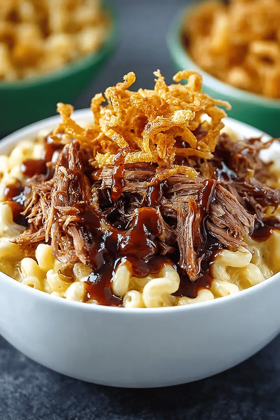 Bowl of brisket mac and cheese topped with crispy fried onions and BBQ sauce