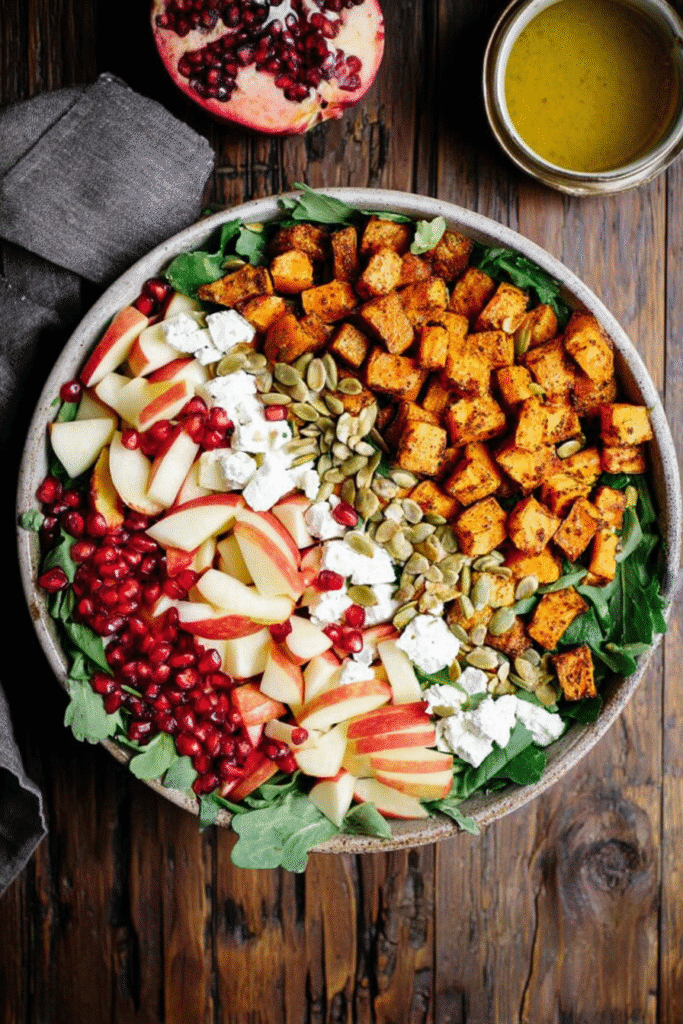 Deconstructed harvest salad with butternut squash and apple, featuring grouped ingredients on greens.