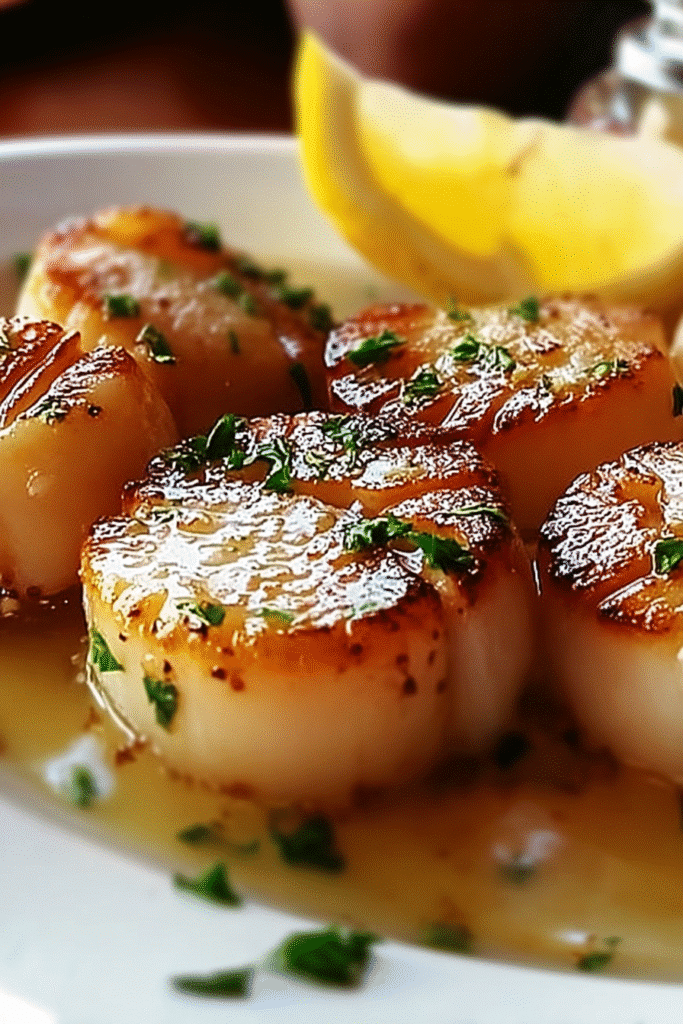 Pan-seared scallops in golden butter sauce with parsley and lemon wedge on white plate.