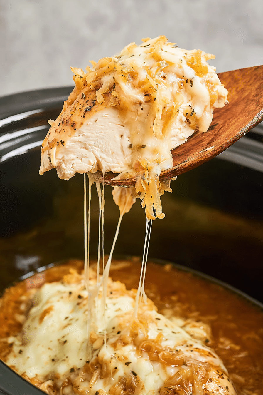 Melted cheese-topped Crock Pot French Onion Chicken being lifted from the slow cooker with a wooden spoon, showing gooey cheese pull.