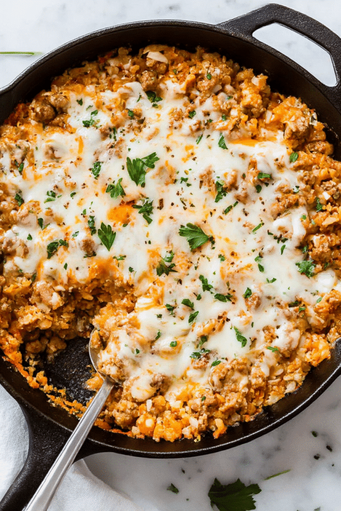 Sausage taco cauliflower rice skillet topped with melted cheese and fresh parsley in a cast iron pan.