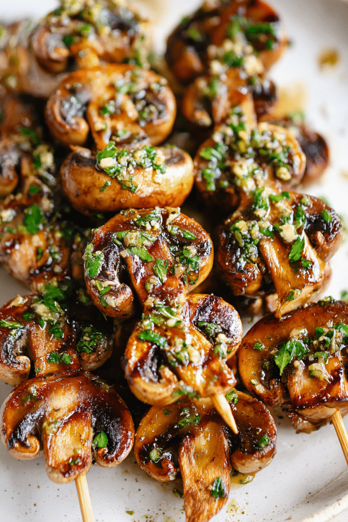 Close-up of grilled garlic mushroom skewers with herb and garlic glaze.